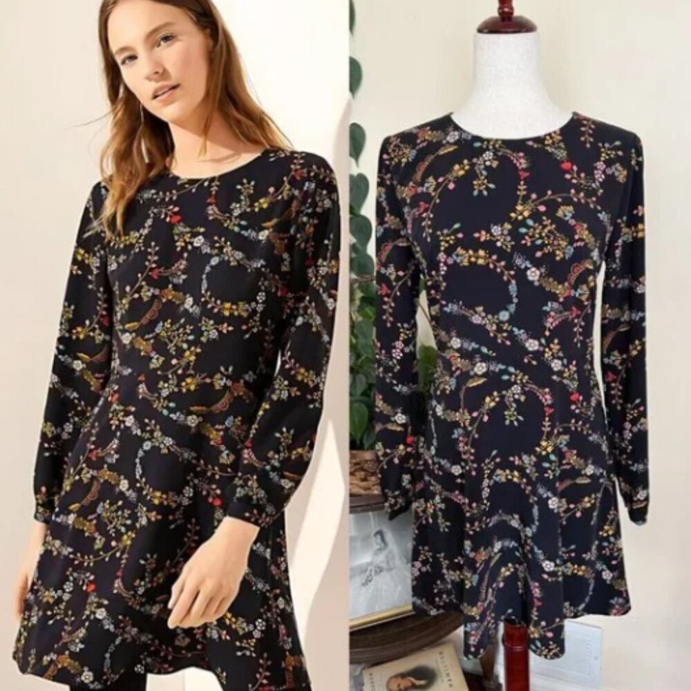 LOFT Black Floral Long Sleeve Swing Dress